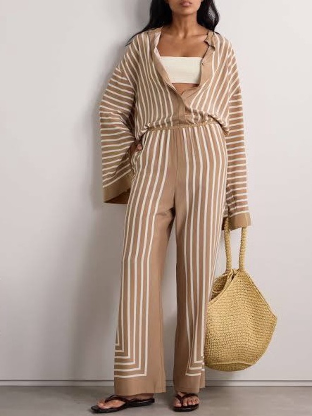 TOTEME Striped Silk-Crepe SET Light Brown Color Wide-Leg Pants/Button-down Top